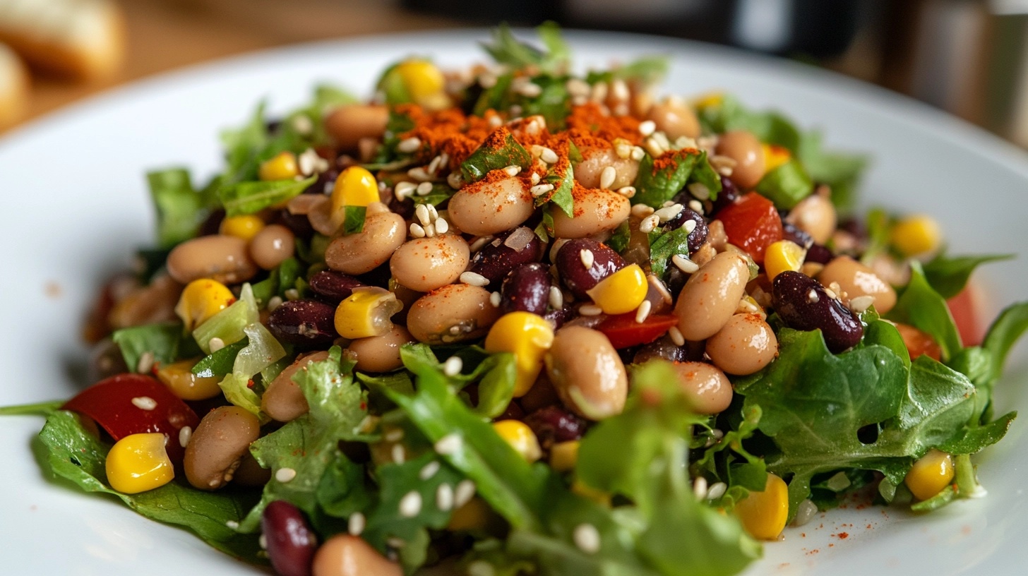 A colorful dense bean salad with kidney beans, white beans, corn, fresh greens, and sprinkled sesame seeds, garnished with paprika on a white plate.