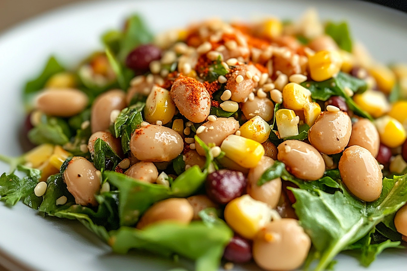 A colorful dense bean salad with kidney beans, white beans, corn, fresh greens, and sprinkled sesame seeds, garnished with paprika on a white plate.