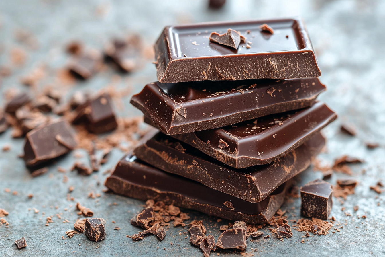 A stack of dark chocolate pieces surrounded by small chocolate chunks and shavings on a textured surface.