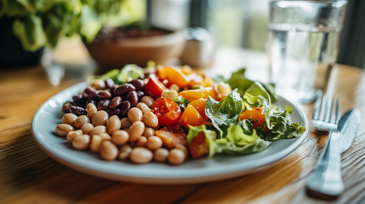 A fresh, colorful bean salad served on a white plate with red kidney beans, white beans, cherry tomatoes, leafy greens, and yellow bell peppers, placed on a wooden table with a glass of water and cutlery in the background