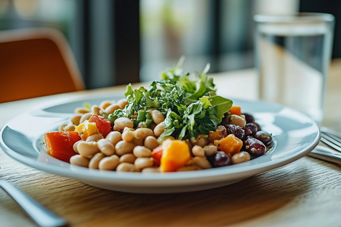 A fresh, colorful bean salad served on a white plate with red kidney beans, white beans, cherry tomatoes, leafy greens, and yellow bell peppers, placed on a wooden table with a glass of water and cutlery in the background