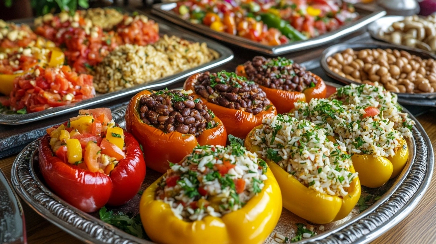 Stuffed bell peppers filled with a variety of ingredients including rice, beans, and fresh vegetables, displayed on a serving platter with other side dishes in the background.