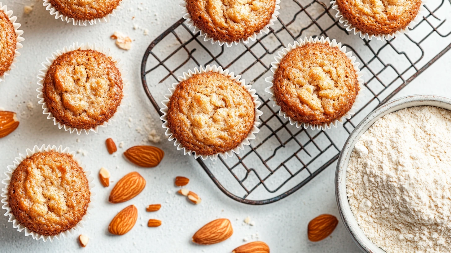 Freshly baked almond flour muffins on a cooling rack, surrounded by raw almonds and a bowl of almond flour, placed on a light surface.