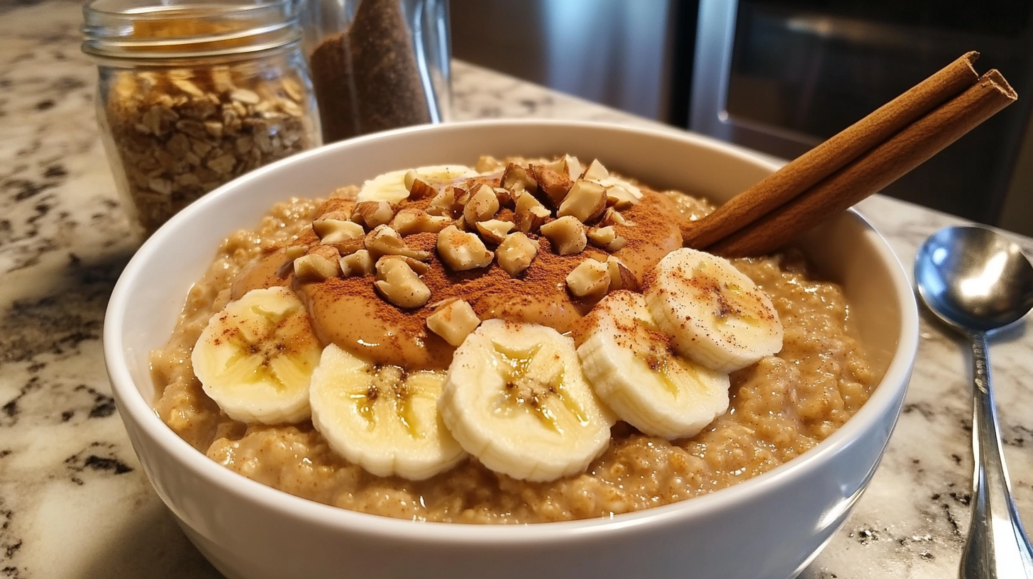 Delicious bowl of oatmeal topped with banana slices, cinnamon peanut butter, chopped nuts, and a sprinkle of cinnamon, garnished with cinnamon sticks, perfect for a healthy and flavorful breakfast.