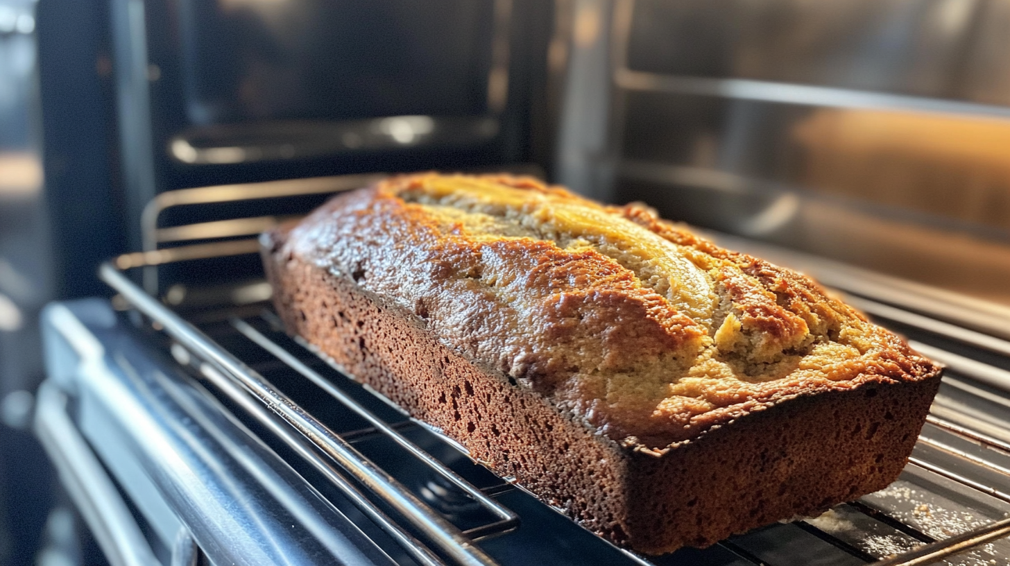 Freshly baked banana bread with a golden crust resting on an oven rack, captured inside a warm-lit oven.