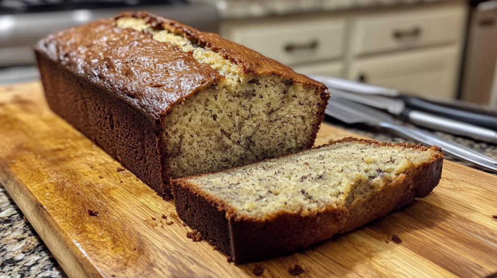 Freshly sliced banana bread on a wooden cutting board, revealing a moist and evenly baked interior.