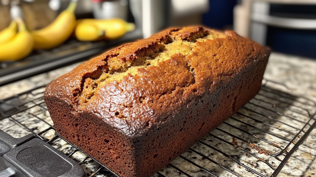 Freshly baked banana bread cooling on a wire rack with ripe bananas visible in the background.