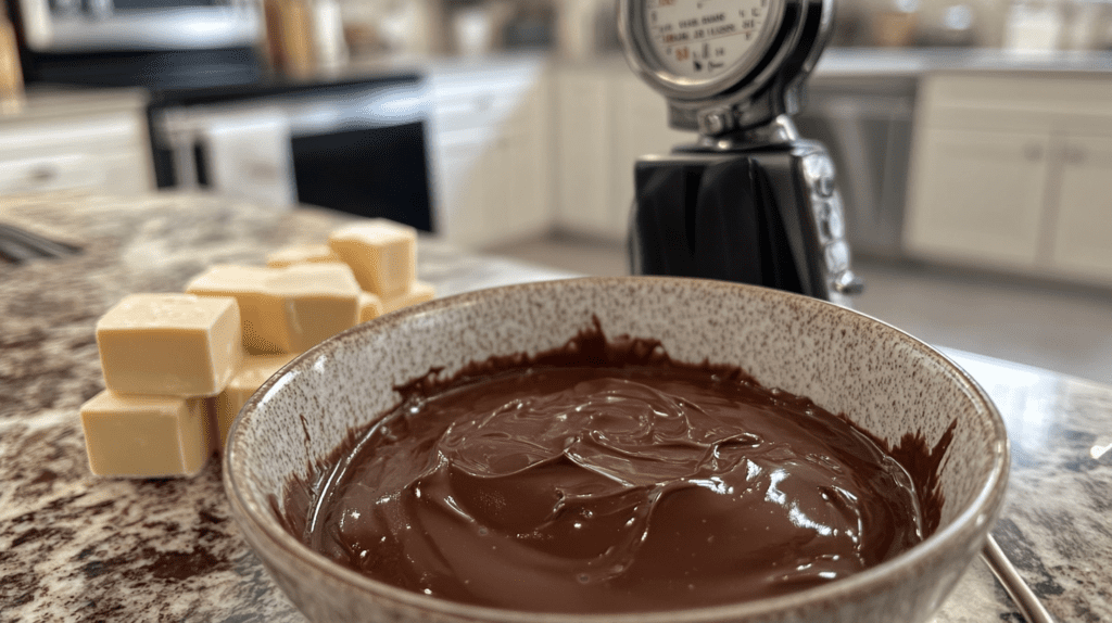 A bowl of melted chocolate placed on a kitchen counter, with cubes of white chocolate in the background and a candy thermometer nearby, showcasing a cozy kitchen environment.