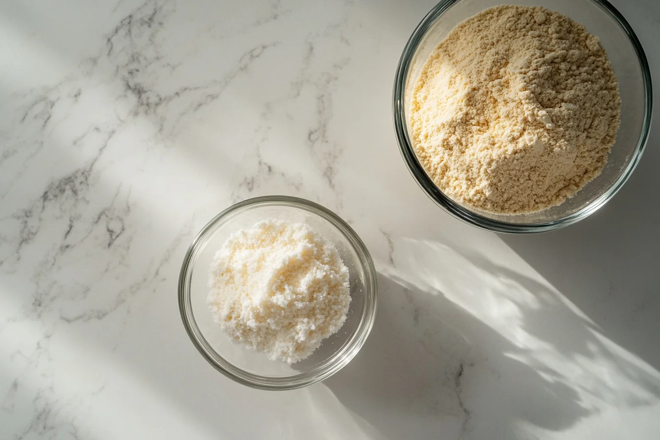 Two glass bowls containing almond flour and xanthan gum placed on a marble countertop with natural light casting soft shadows.