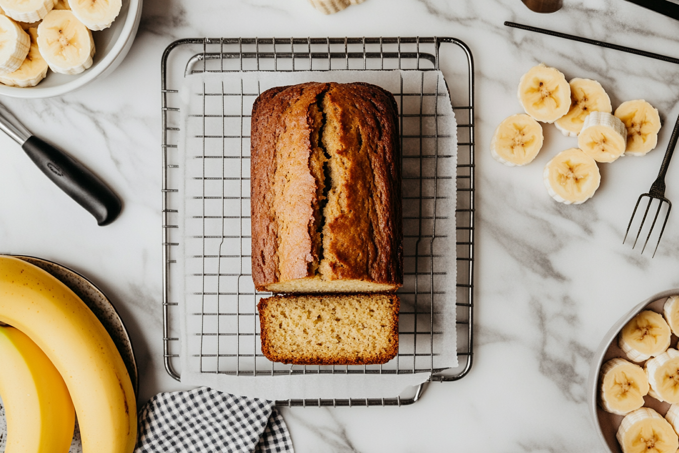 Freshly baked banana bread loaf with a slice cut, placed on a cooling rack surrounded by sliced bananas and whole bananas.