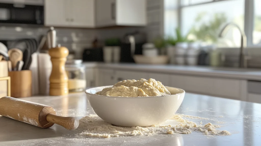 A bowl of freshly prepared pizza dough sitting on a floured kitchen countertop, with a wooden rolling pin nearby, in a bright and cozy kitchen.