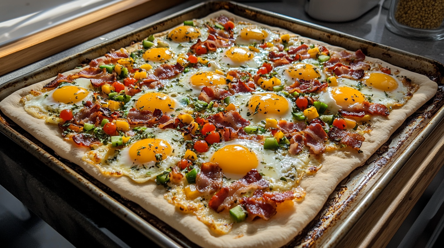 A freshly baked breakfast pizza on a baking tray, featuring sunny-side-up eggs, colorful diced vegetables, crispy bacon, and melted cheese.