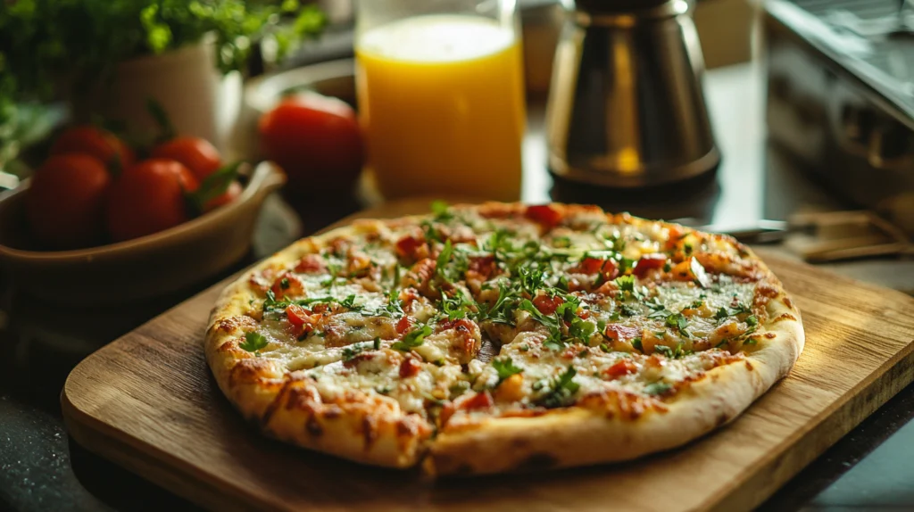 A freshly baked breakfast pizza topped with melted cheese, diced tomatoes, fresh herbs, and green peppers, served on a wooden board with a glass of orange juice and fresh tomatoes in the background.