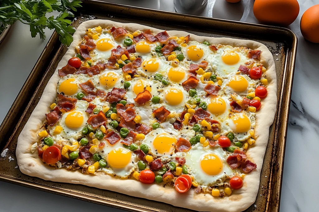 Breakfast pizza topped with sunny-side-up eggs, crispy bacon, cherry tomatoes, corn, and green peas on a golden-brown crust.