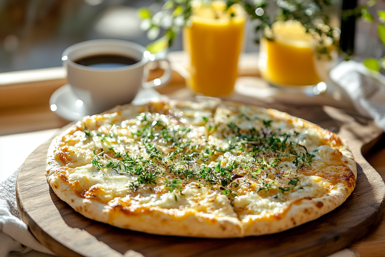 Breakfast pizza topped with melted cheese and fresh herbs served on a wooden board with coffee and orange juice in the background.