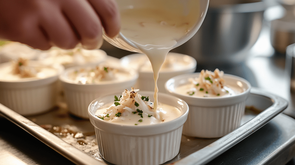 Pouring creamy custard into ramekins filled with fresh crab meat and garnished with parsley, all arranged on a baking tray.