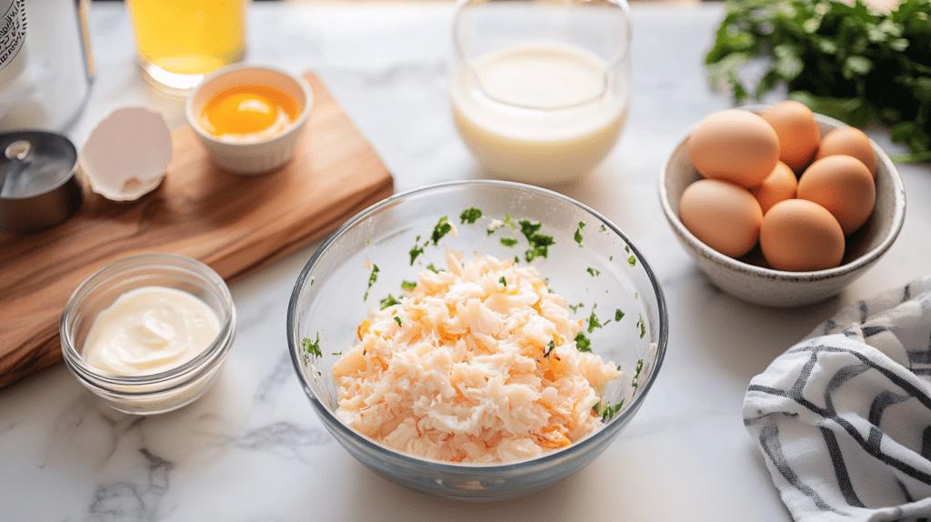 Ingredients for Crab Brulee arranged on a marble countertop, including a bowl of shredded crab meat, eggs, cream, and seasonings.