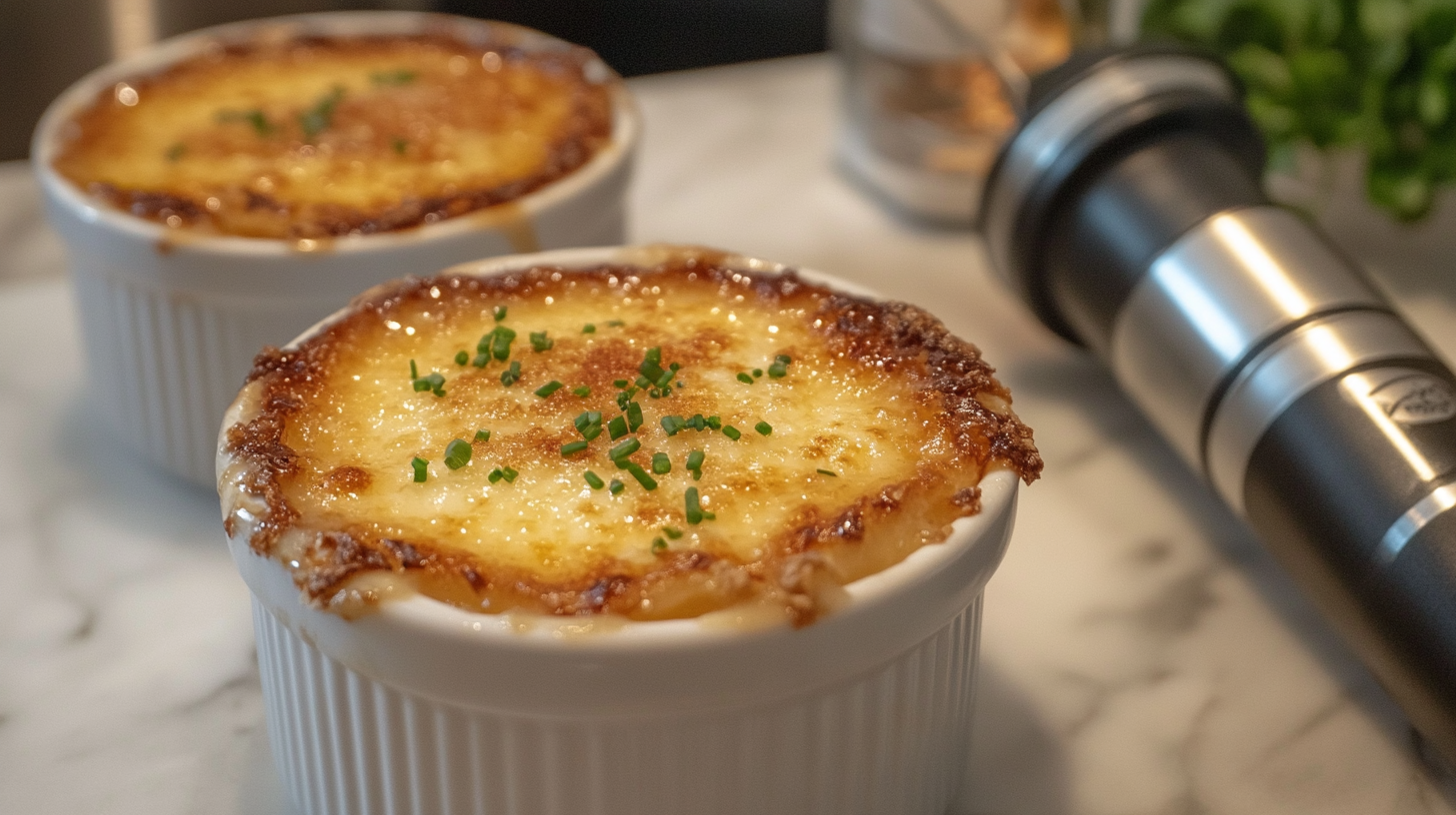 Two ramekins of golden brown Crab Brulee topped with chopped chives, placed on a marble countertop with a pepper grinder in the background