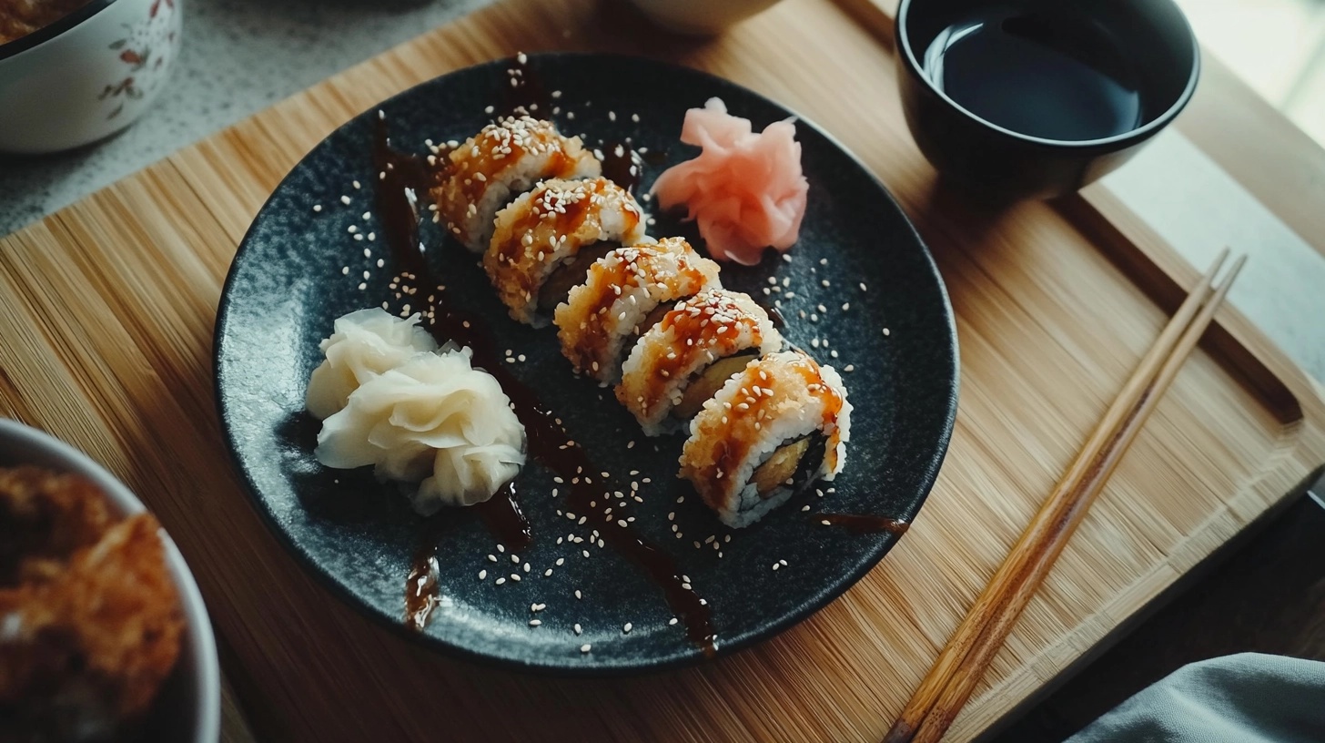 Plated sweet potato tempura roll garnished with sesame seeds and drizzled with sauce, accompanied by pickled ginger and wasabi on a dark plate.