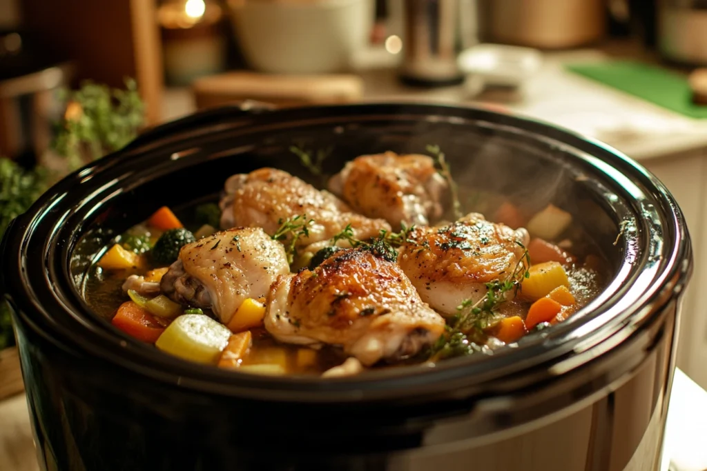 A crockpot filled with golden-brown chicken thighs and colorful vegetables like carrots, zucchini, and herbs, steaming in a flavorful broth.