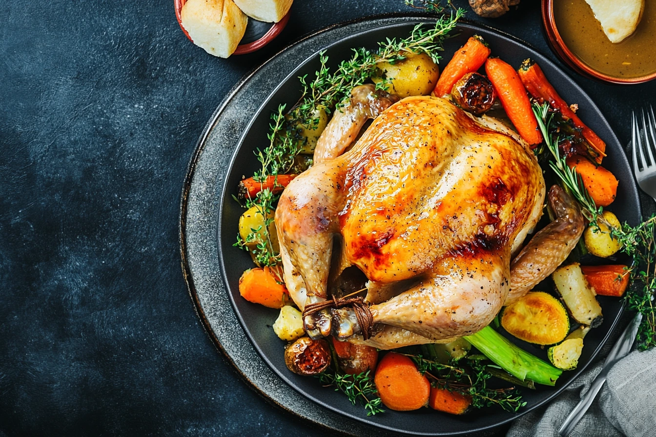 A beautifully roasted whole chicken surrounded by colorful vegetables like carrots, potatoes, and herbs, served on a dark plate.