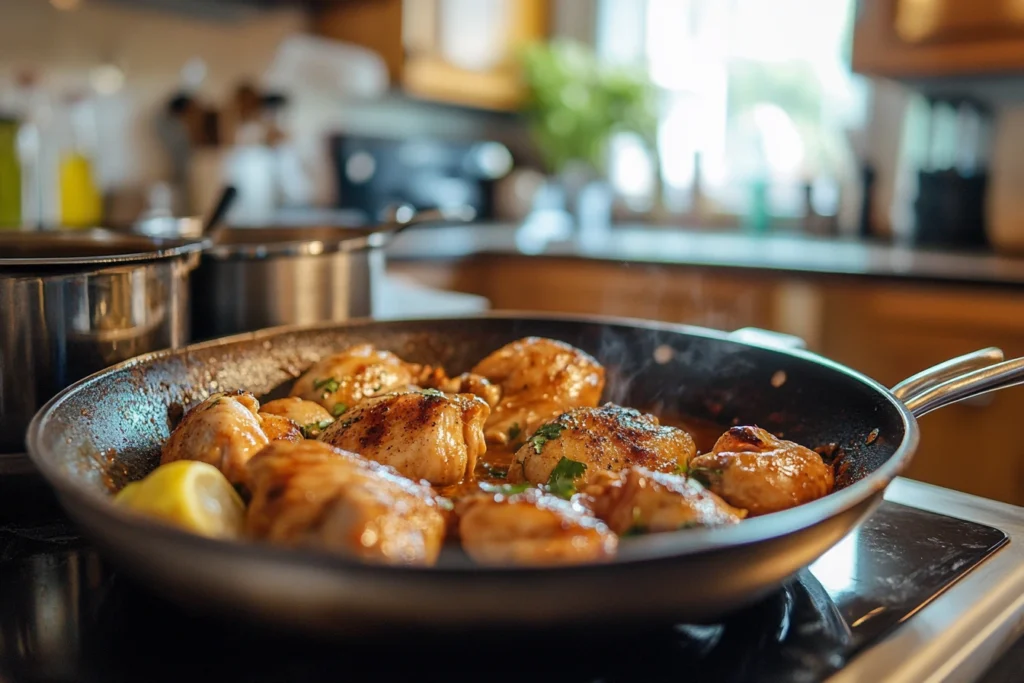 Golden brown chicken thighs sizzling in a frying pan with fresh herbs and a slice of lemon, set in a cozy kitchen setting.