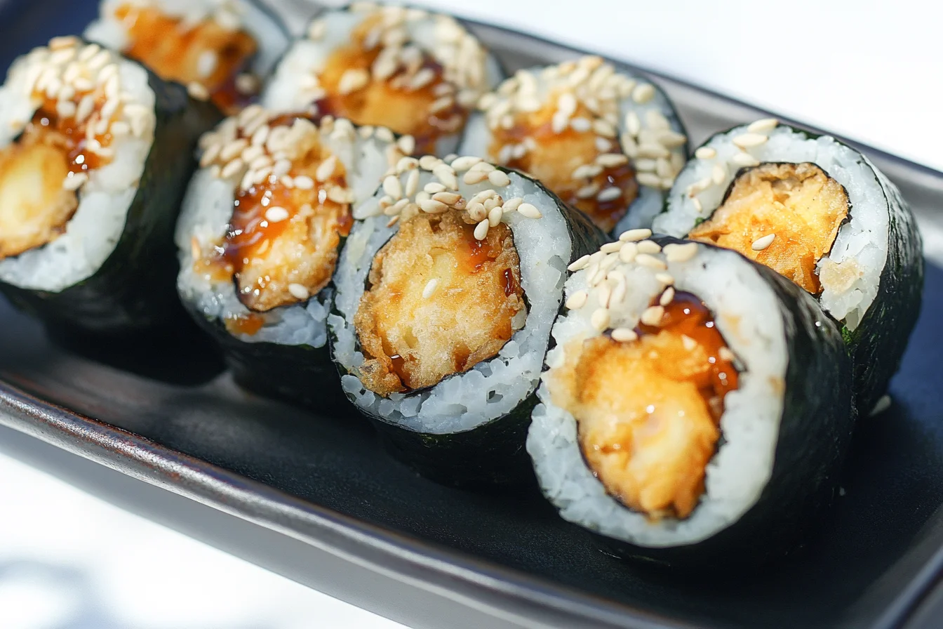 Close-up of yam tempura sushi rolls topped with sesame seeds and drizzled with a savory glaze, served on a black plate.