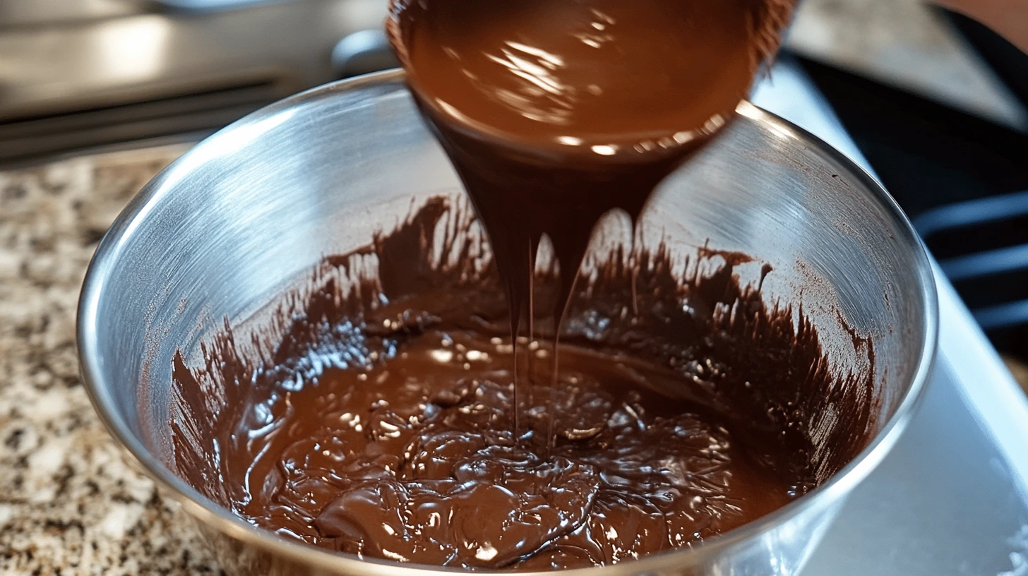 Side-by-side images showing melted chocolate being dripped from a spoon into a stainless steel bowl, illustrating the consistency of tempered chocolate.