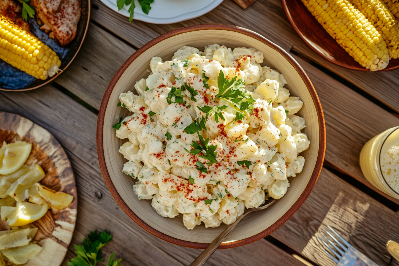 Top-down view of a bowl of Hellmann’s potato salad recipe garnished with fresh parsley and paprika, placed on a wooden table with side dishes like corn on the cob and lemon wedges.