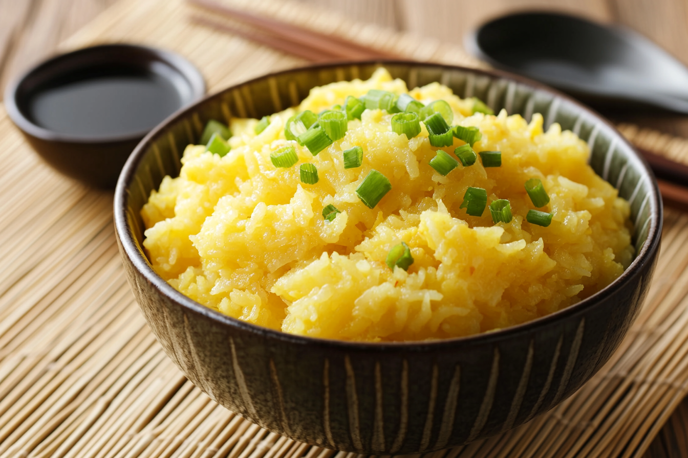 Golden yellow fried rice garnished with fresh green onions, served in a bowl with soy sauce and chopsticks on a bamboo mat.