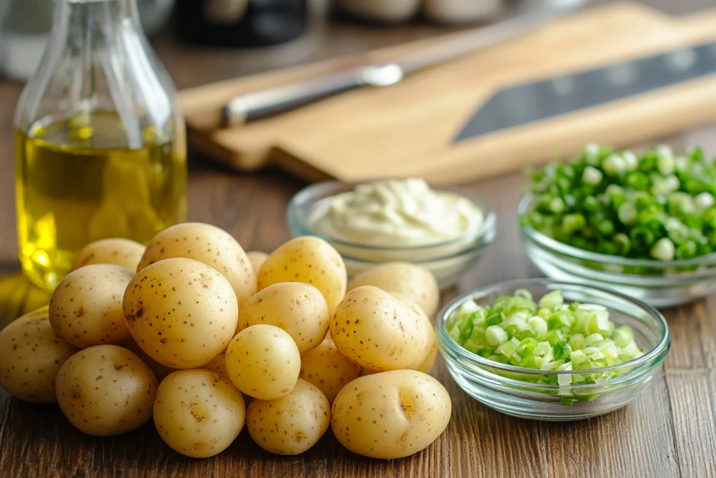 Ingredients for potato salad with baby new potatoes, olive oil, mayonnaise, and chopped spring onions placed on a wooden kitchen counter.