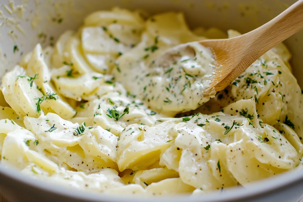 Close-up of creamy potato salad mixed with a wooden spoon, garnished with fresh herbs and cracked black pepper.