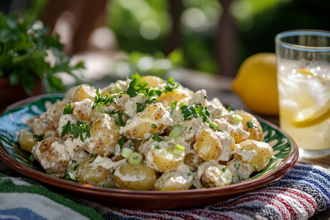 A bowl of creamy potato salad garnished with fresh parsley and spring onions, served outdoors on a colorful tablecloth.