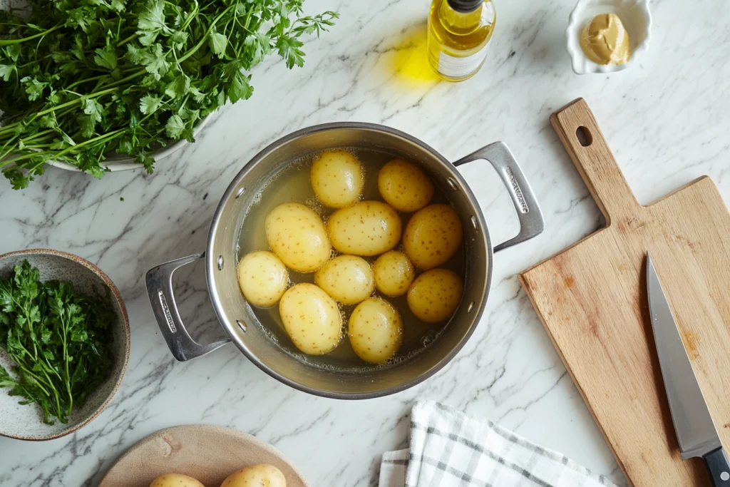 Pot of boiled Yukon Gold potatoes on a marble countertop, surrounded by fresh parsley, a cutting board, olive oil, and Dijon mustard.