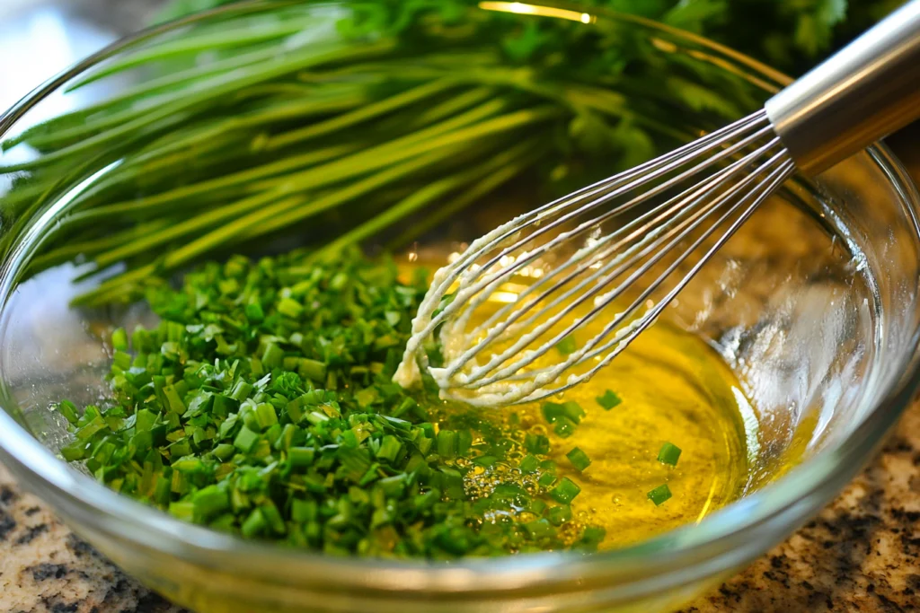 Whisk mixing olive oil, Dijon mustard, and chopped chives in a glass bowl with fresh parsley in the background.