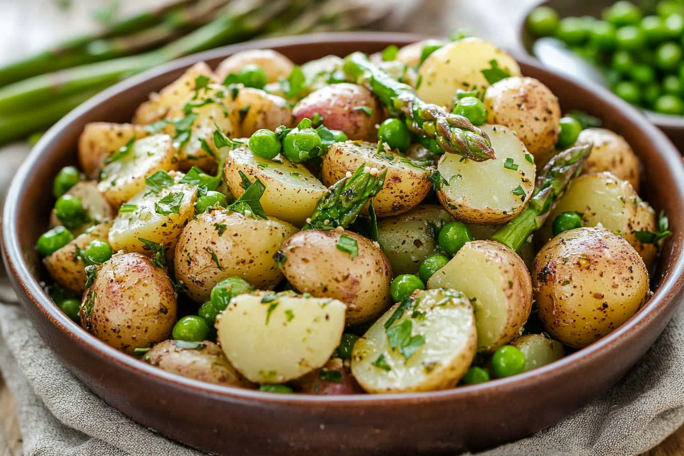 Served potato salad with baby potatoes, peas, asparagus, and fresh herbs in a rustic brown bowl.