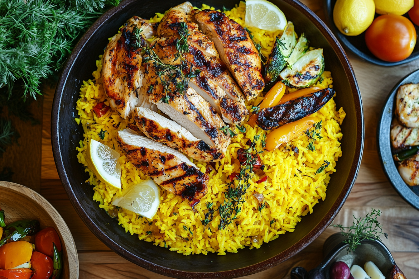 A beautifully presented dish of yellow rice topped with grilled chicken slices, garnished with lemon wedges, fresh thyme, and served alongside roasted vegetables.