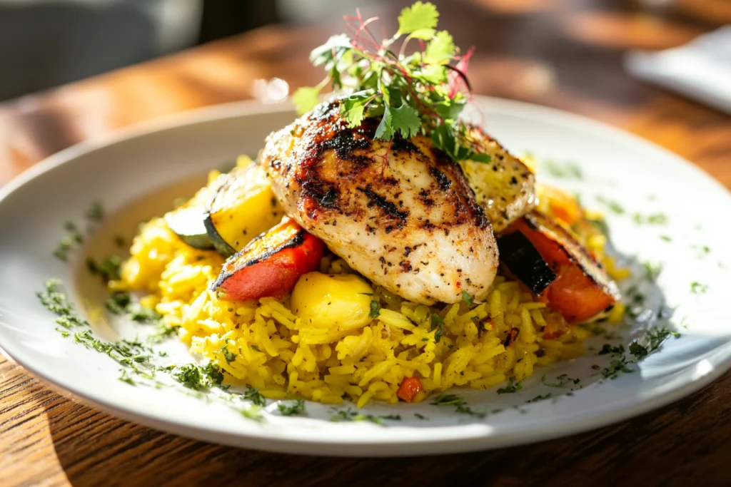 A plated dish of grilled chicken served over a bed of yellow rice, accompanied by roasted vegetables and garnished with fresh herbs.