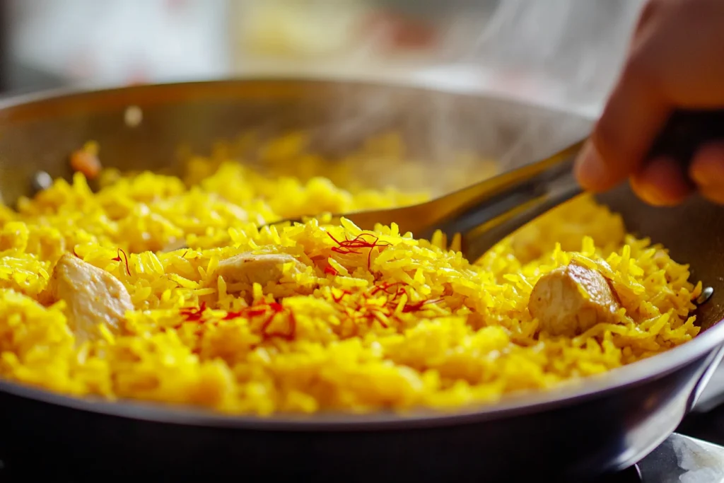 Close-up of steaming yellow rice being stirred in a pan, with tender chicken pieces and strands of saffron visible.