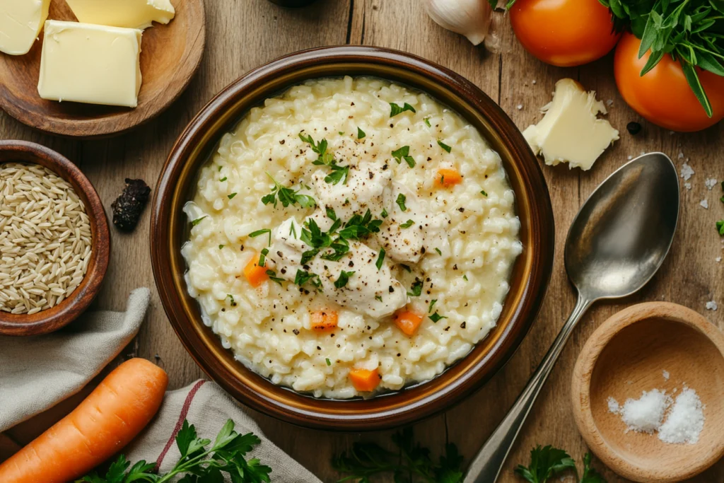 A bowl of creamy chicken and rice garnished with fresh parsley, surrounded by ingredients like butter, raw rice, a carrot, and tomatoes on a rustic wooden table.