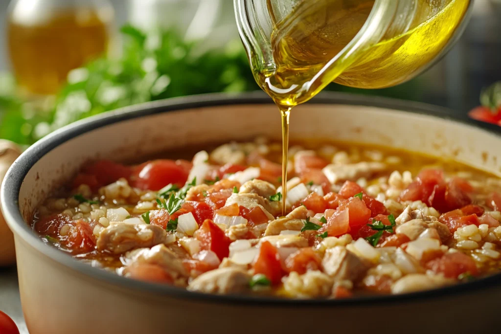 A pot of simmering chicken and rice dish with fresh diced tomatoes, onions, and herbs, while golden olive oil is being poured over the mixture.