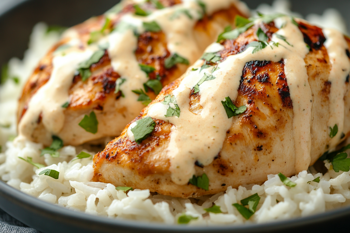 Grilled chicken breast drizzled with creamy white sauce, served on a bed of fluffy white rice and garnished with fresh chopped parsley.