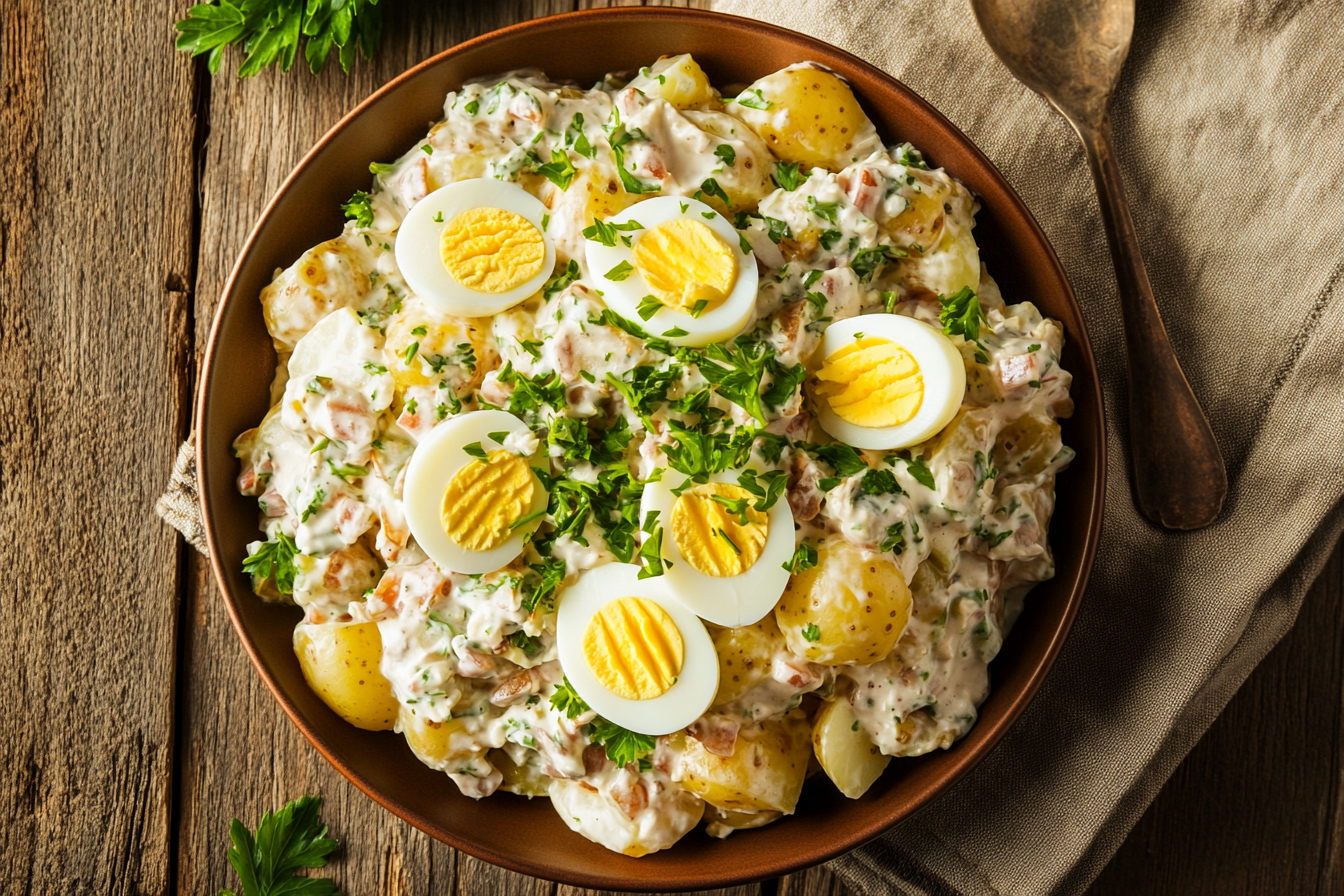 A bowl of creamy potato salad topped with sliced hard-boiled eggs and fresh parsley, placed on a rustic wooden table with a spoon beside it.