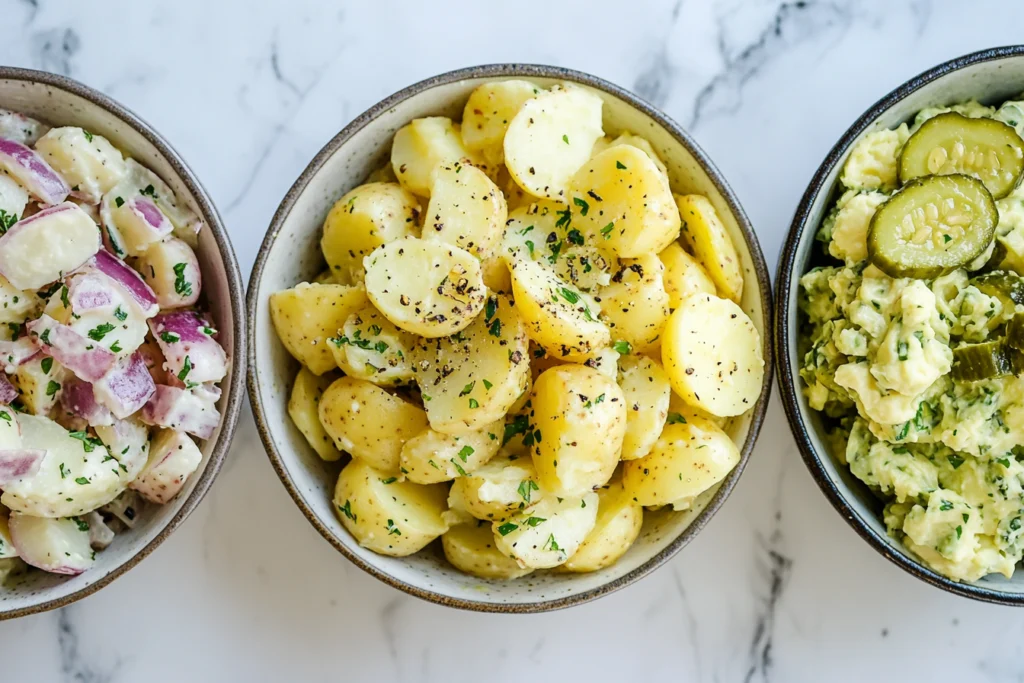 Three bowls of different potato salad styles placed side by side—one with red potatoes and creamy dressing, one with boiled potatoes and herbs, and one with pickles and egg-based dressing.