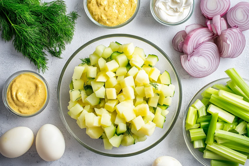 A glass bowl filled with cubed boiled potatoes surrounded by ingredients like red onions, celery, hard-boiled eggs, mustard, sour cream, and fresh dill.