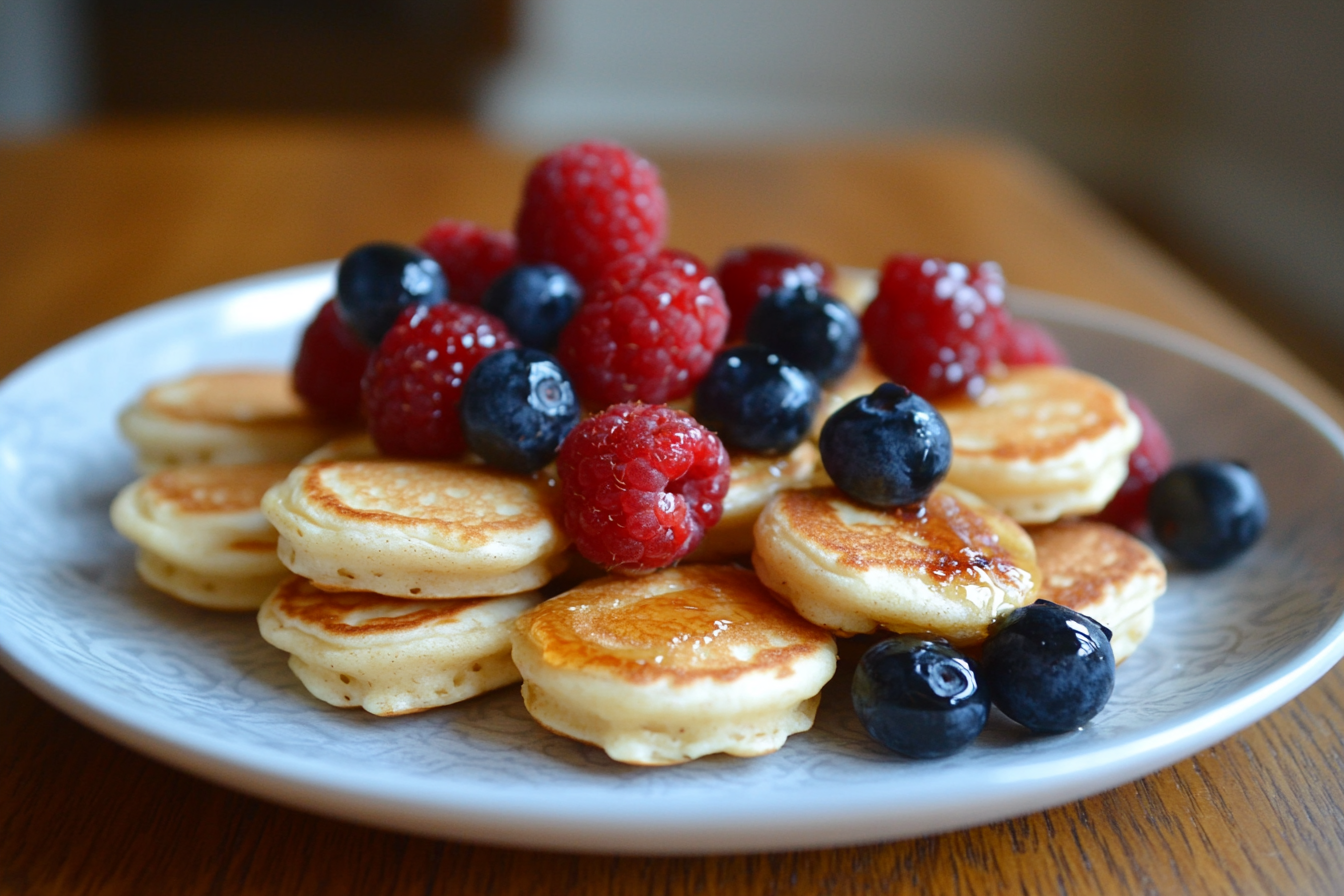 Mini pancakes topped with fresh raspberries and blueberries, drizzled with syrup, served on a white plate.