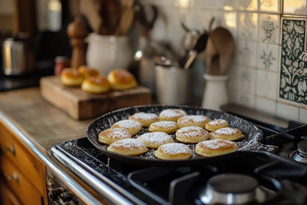 Mini pancakes cooking in a cast iron poffertjes pan, dusted with powdered sugar, in a cozy kitchen setting