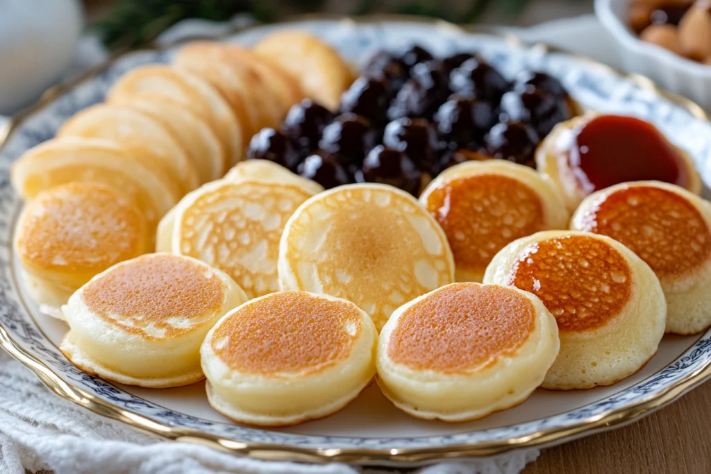 Plate of golden mini pancakes arranged with toppings including dark cherries and a drizzle of syrup.