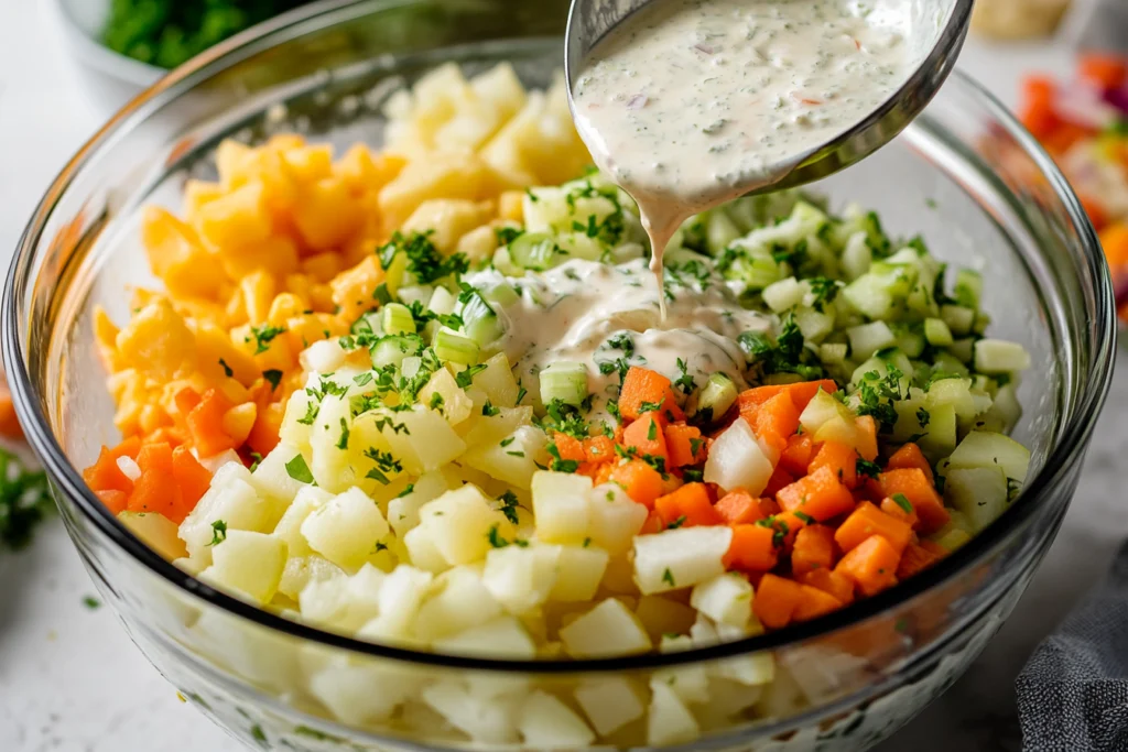 Freshly prepared potato salad with chopped vegetables and creamy dressing being poured into a glass bowl.