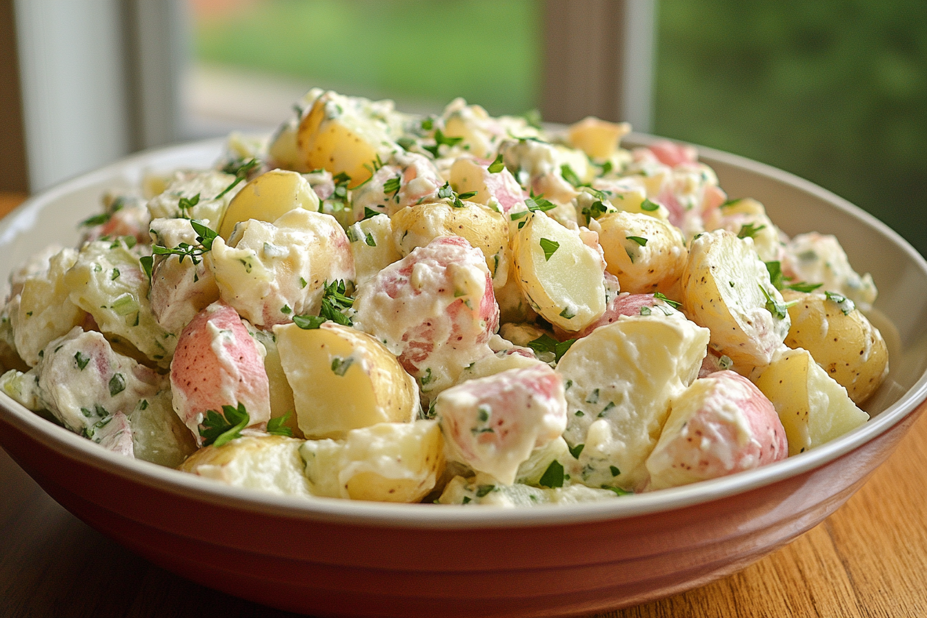 Delicious homemade potato salad in a bowl, featuring creamy dressing, red and yellow potato chunks, and garnished with fresh parsley.